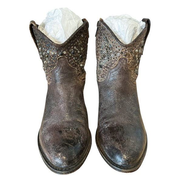 Frye Vintage Brown Leather Deborah Studded Western Ankle Boots - Picture 2 of 10